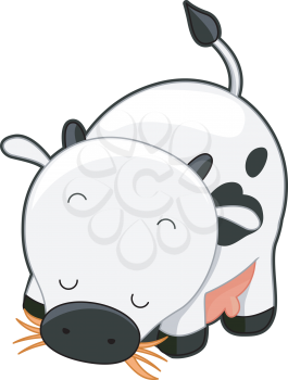 Royalty Free Clipart Image of a Cow Eating Hay
