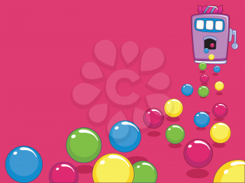 Royalty Free Clipart Image of a Candy Machine and Gumballs on a Pink Background