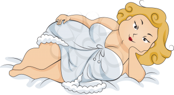 Royalty Free Clipart Image of a Plump Woman In Lingerie on the Bed