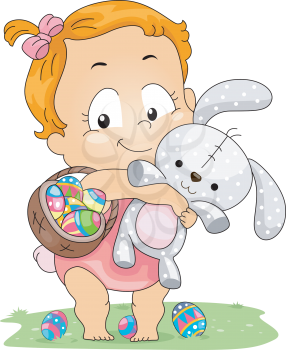 Royalty Free Clipart Image of a Baby Carrying an Easter Basket and a Bunny