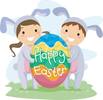 Royalty Free Clipart Image of Two Children in Bunny Costume With a Big Easter Egg Greeting