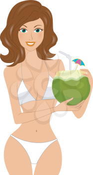 Royalty Free Clipart Image of a Woman in a Bikini Holding a Tropical Drink
