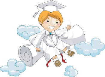 Royalty Free Clipart Image of a Child Graduate Sitting on His Diploma