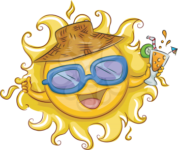 Royalty Free Clipart Image of a Sun Wearing Sunglasses and Holding a Drink
