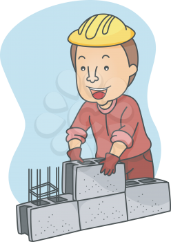Royalty Free Clipart Image of a Man Piling Cement Blocks