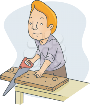 Royalty Free Clipart Image of a Man Sawing Wood