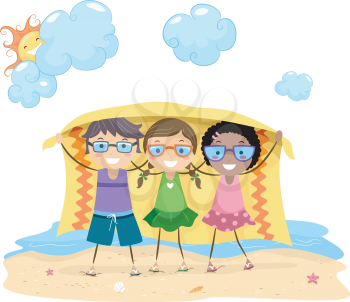 Royalty Free Clipart Image of Children Holding a Blanket