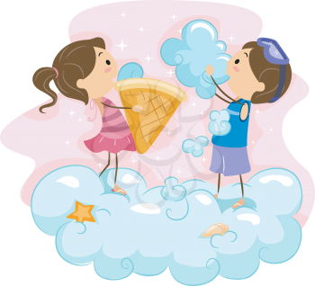 Royalty Free Clipart Image of Children Eating a Cloud Cone