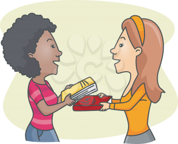 Royalty Free Clipart Image of Two Women Exchanging Books