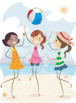 Royalty Free Clipart Image of Girls Playing Beach Volleyball