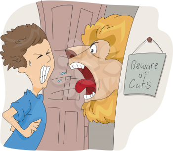 Royalty Free Clipart Image of a Lion Roaring at a Man