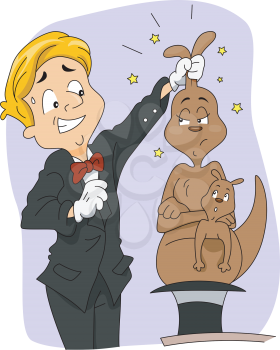Royalty Free Clipart Image of a Magician Pulling a Kangaroo From His Hat