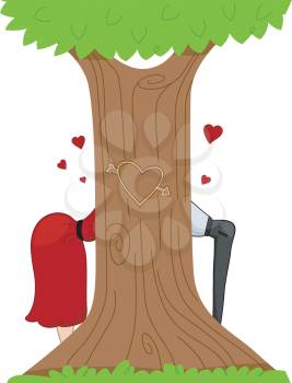 Royalty Free Clipart Image of a Couple Kissing Behind a Tree