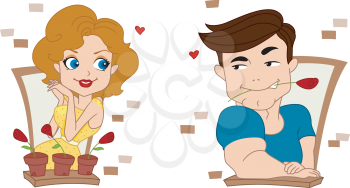Royalty Free Clipart Image of a Man Flirting With a Neighbour Through a Window