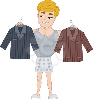 Royalty Free Clipart Image of a Man Deciding Between Two Coats