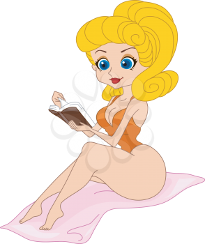 Royalty Free Clipart Image of a Woman Reading a Book at the Beach