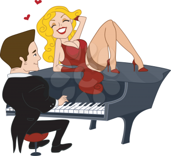 Royalty Free Clipart Image of a Pin-Up Girl on a Piano While a Man's Playing
