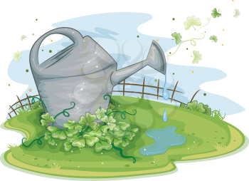Royalty Free Clipart Image of a Watering Can Near Shamrocks