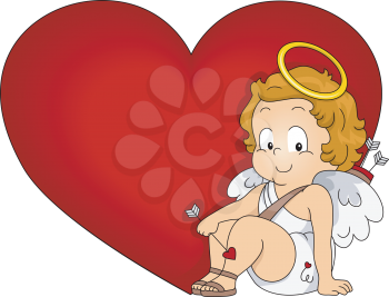 Royalty Free Clipart Image of a Cupid Beside a Heart