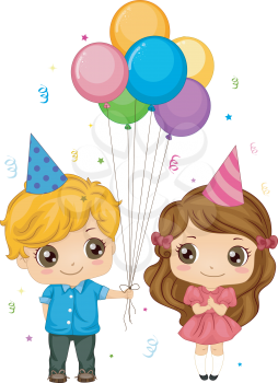 Royalty Free Clipart Image of a Boy Giving a Girl Balloons