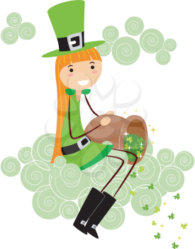 Royalty Free Clipart Image of a Girl Scattering Shamrocks From a Cloud