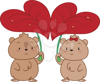 Royalty Free Clipart Image of a Pair of Hamsters Under Heart-Shaped Leaves