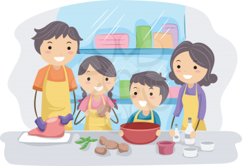 Royalty Free Clipart Image of a Family Cooking