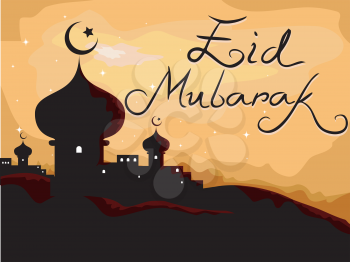 Royalty Free Clipart Image of a Silhouetted Mosque With a Holiday Greeting