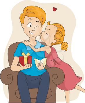 Royalty Free Clipart Image of a Little Girl Giving Her Father a Gift and a Kiss