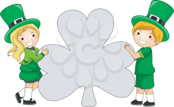 Royalty Free Clipart Image of Two Children in Irish Costume Holding a Shamrock