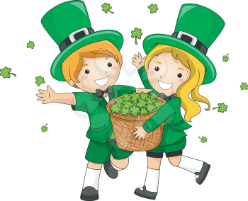 Royalty Free Clipart Image of Two Children in Irish Costume Scattering Shamrocks