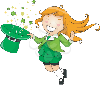 Royalty Free Clipart Image of a Girl Holding a Green Hat With Shamrocks Coming Out of It