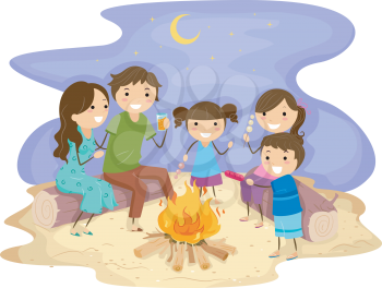 Royalty Free Clipart Image of a Family Around a Bonfire