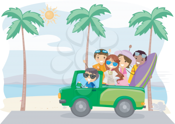 Royalty Free Clipart Image of People on Vacation in a Car