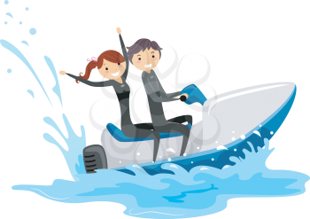 Royalty Free Clipart Image of a Boy and Girl in a Jet Ski