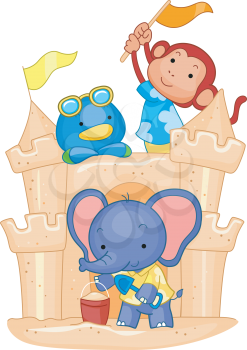 Royalty Free Clipart Image of Monkeys in a Sandcastle