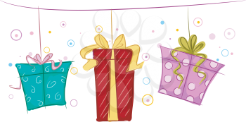 Royalty Free Clipart Image of Gifts Hanging From a Clothesline