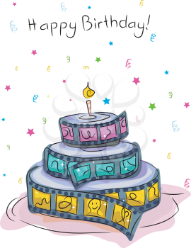 Royalty Free Clipart Image of a Roll of Film Birthday Cake Greeting Card