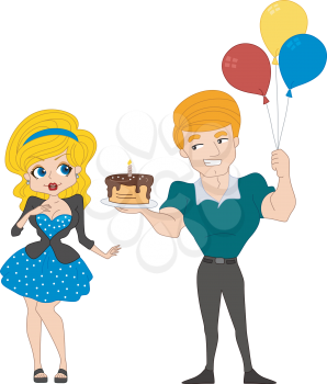 Royalty Free Clipart Image of a Man Holding Balloons and a Cake for His Girlfriend