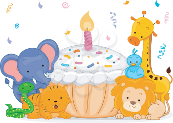 Royalty Free Clipart Image of a Cupcake Surrounded by Jungle Animals