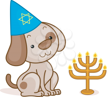 Royalty Free Clipart Image of a Dog in a Hat With the Star of David Looking at a Jewish Menorah
