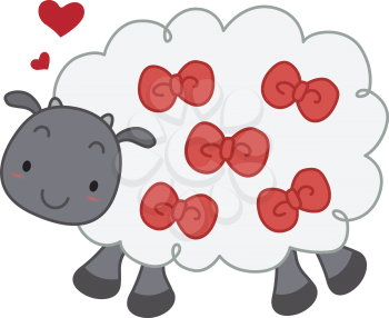 Royalty Free Clipart Image of a Sheep With Red Ribbons