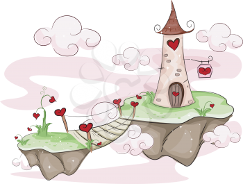 Royalty Free Clipart Image of Floating Islands With a Tower and Bridge