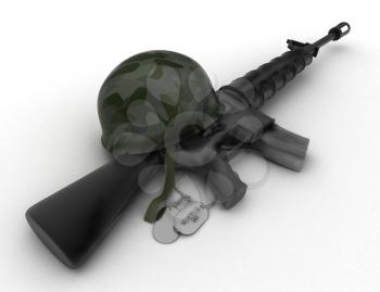 3D Illustration of a Rifle, Military Helmet, and Dog Tag