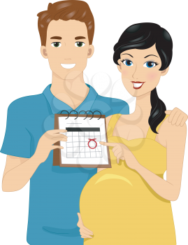Illustration of Expecting Parents Pointing to Calendar