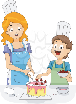 Illustration of a Woman and a Boy Decorating a Cake