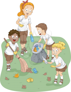 Illustration of Kids Cleaning a Camp