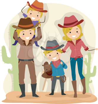 Illustration of a Family Dressed as Cowboys