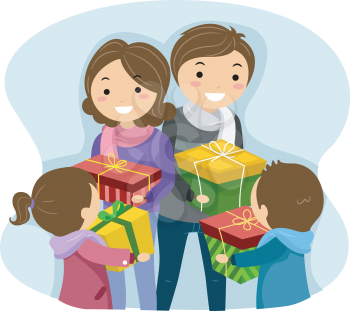 Illustration of a Family Exchanging Christmas Gifts