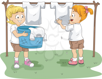 Illustration of Kids Hanging Clothes to Dry